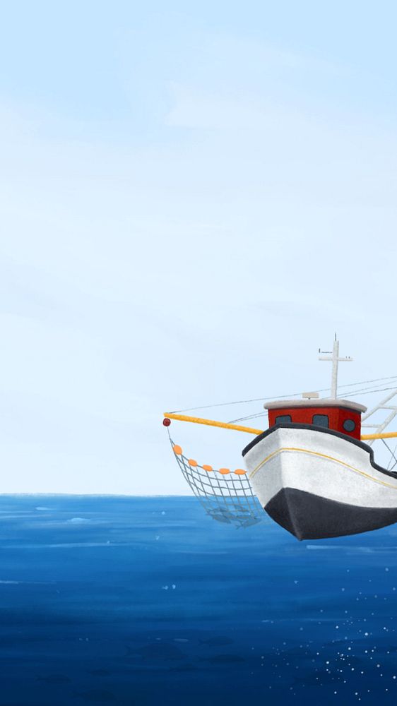 Fishing trawler, blue iPhone wallpaper, editable illustration background