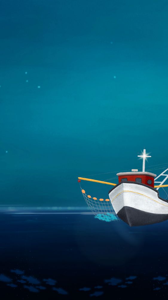 Fishing trawler, night iPhone wallpaper, editable illustration background