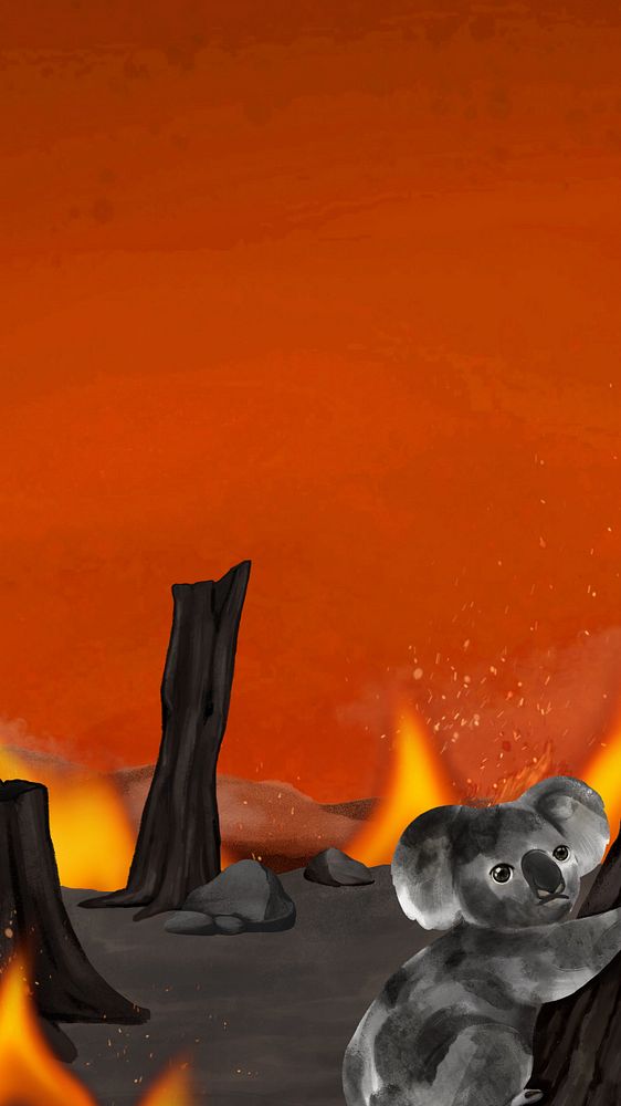 Koala, bushfire iPhone wallpaper, editable illustration background