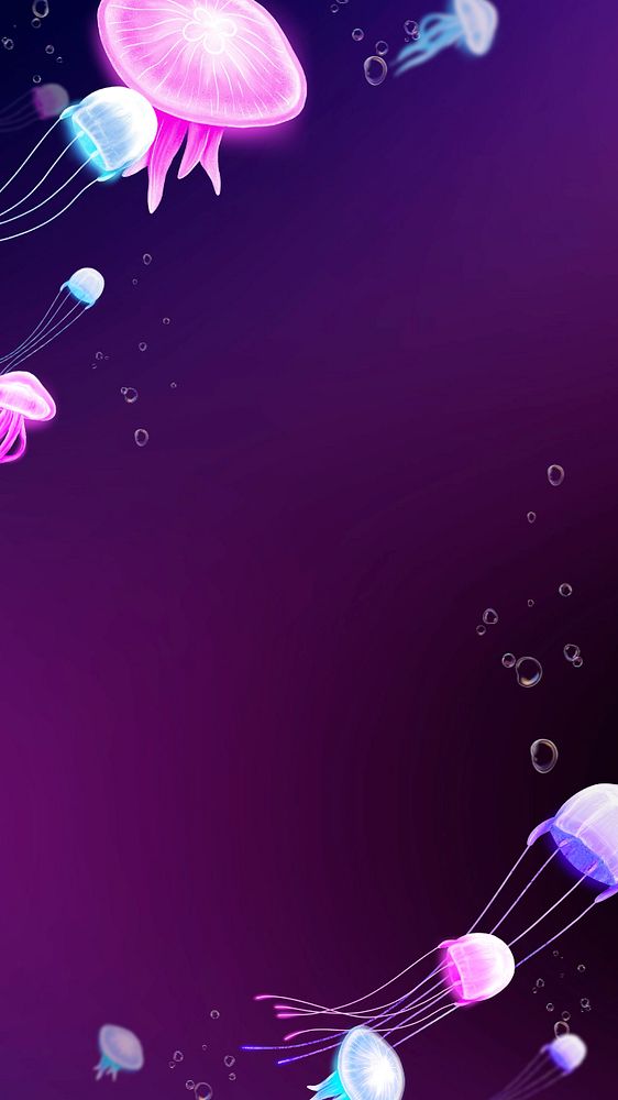 Neon jellyfish, purple iPhone wallpaper, editable illustration background