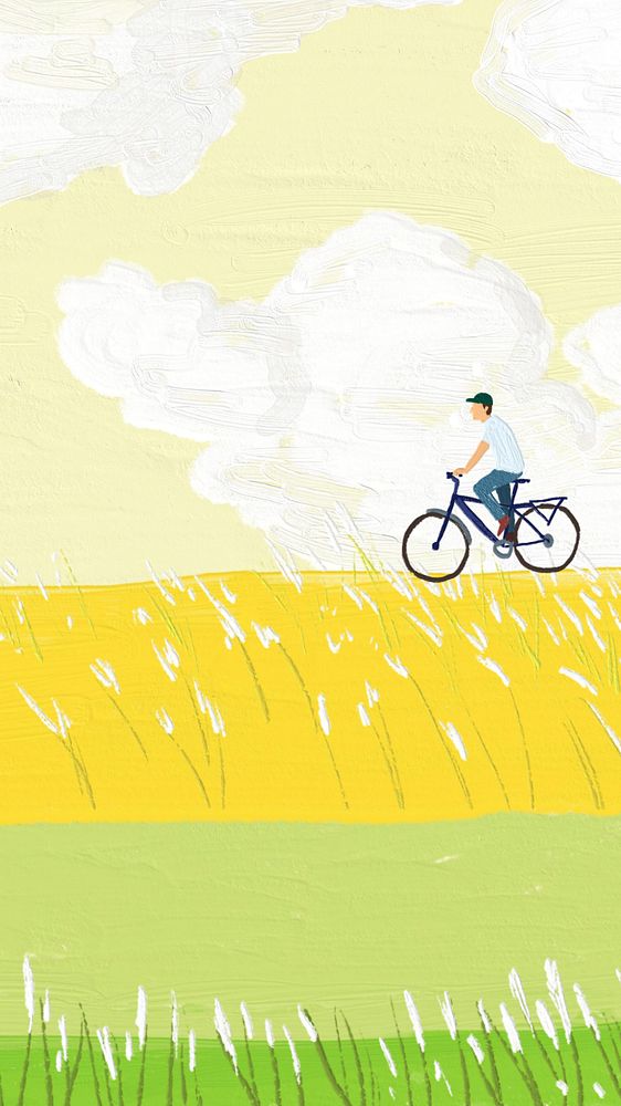 Cyclist & meadow phone wallpaper, editable aesthetic remix design