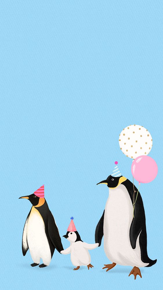 Birthday penguin family iPhone wallpaper, editable illustration background