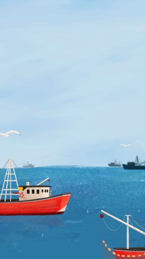 Fishing boats, blue iPhone wallpaper, editable illustration background