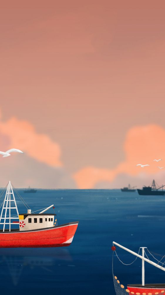 Fishing boats seascape iPhone wallpaper, editable illustration background