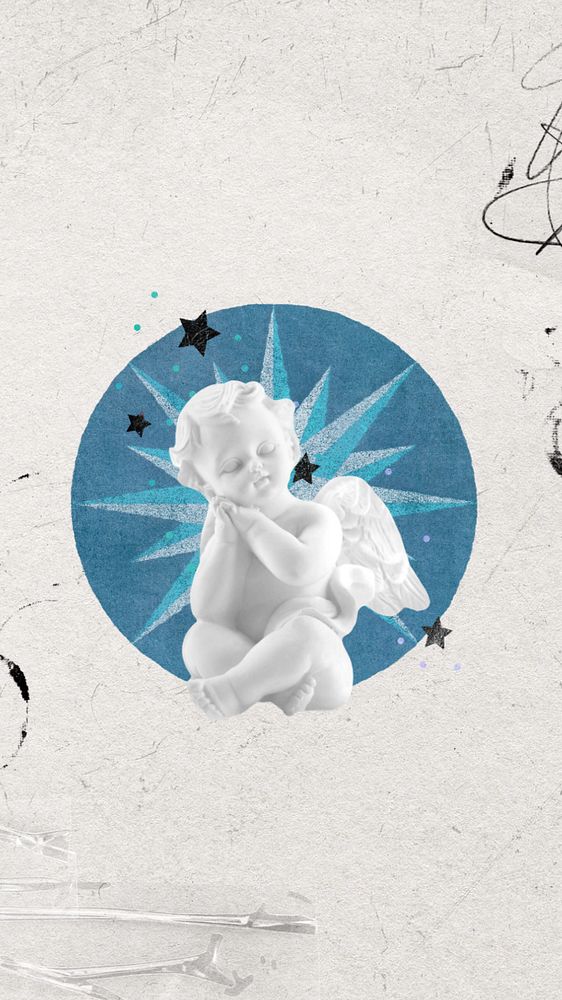 Ephemera cherub sculpture phone wallpaper, editable aesthetic collage remix design