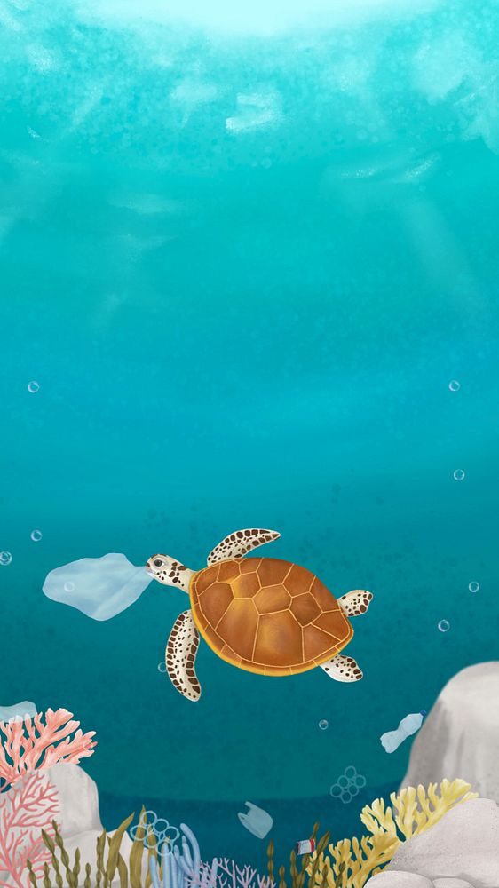 Sea turtle, pollution iPhone wallpaper, editable illustration background