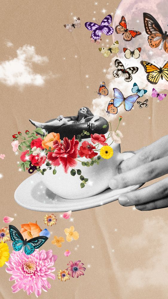 Coffee cup collage mobile wallpaper, surreal escapism background, editable design