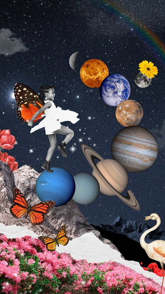 Galaxy collage art mobile wallpaper, planet in solar system background, editable design