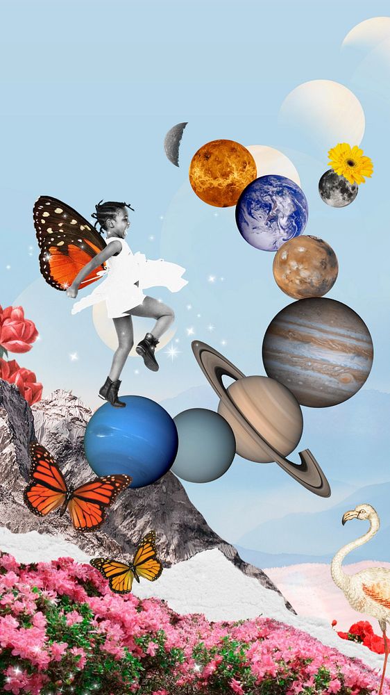 Galaxy collage art mobile wallpaper, planet in solar system background, editable design