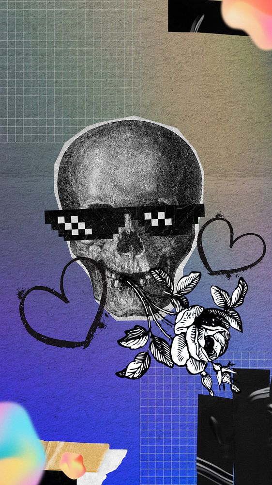 Skeleton smoking flower mobile wallpaper, abstract paper collage, editable design