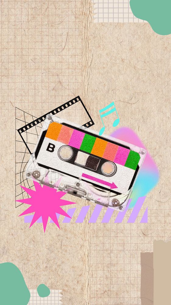 Colorful cassette tape iPhone wallpaper, music collage, editable design