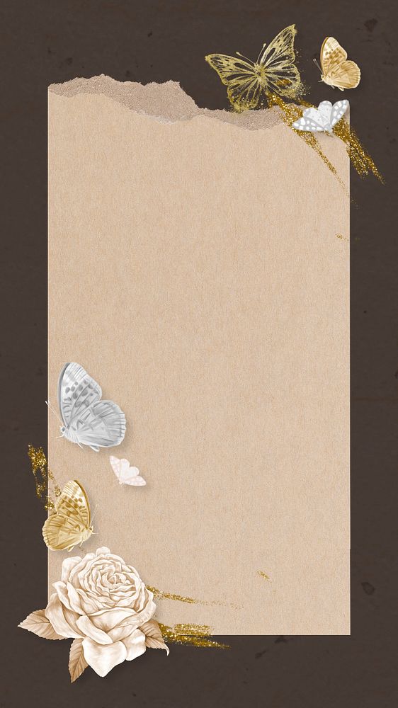 Ripped paper frame iPhone wallpaper, floral butterfly background, editable design