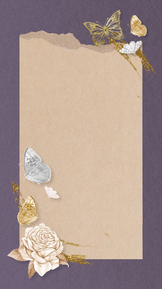 Ripped paper frame iPhone wallpaper, floral butterfly background, editable design