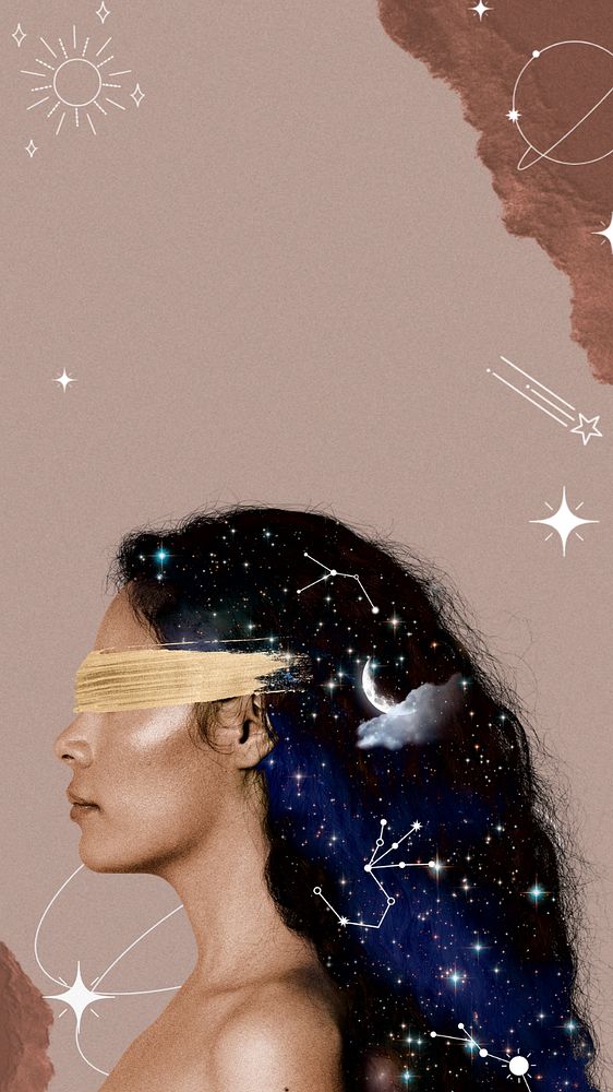 Side portrait woman mobile wallpaper, celestial collage art background, editable design