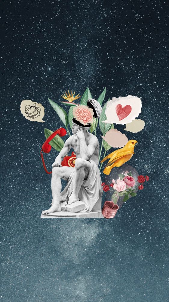 Statue collage art mobile wallpaper, floral remix background, editable design