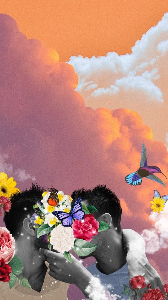 Gay couple kissing mobile wallpaper, surreal LGBTQ remix background, editable design