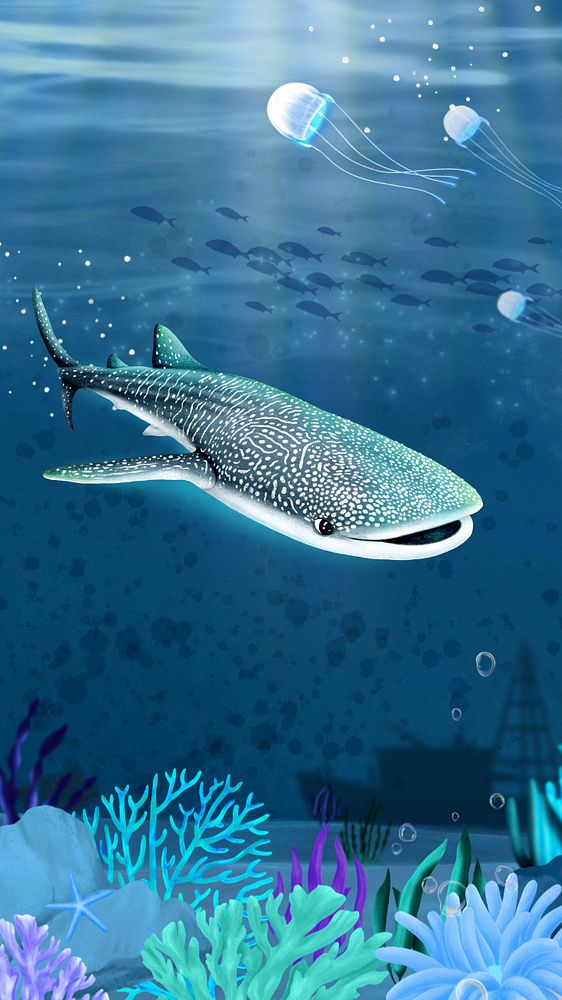 Whale shark, blue iPhone wallpaper, editable illustration background