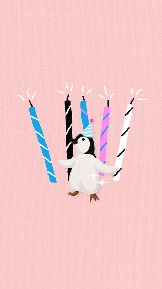 Birthday party penguin iPhone wallpaper, editable illustration background