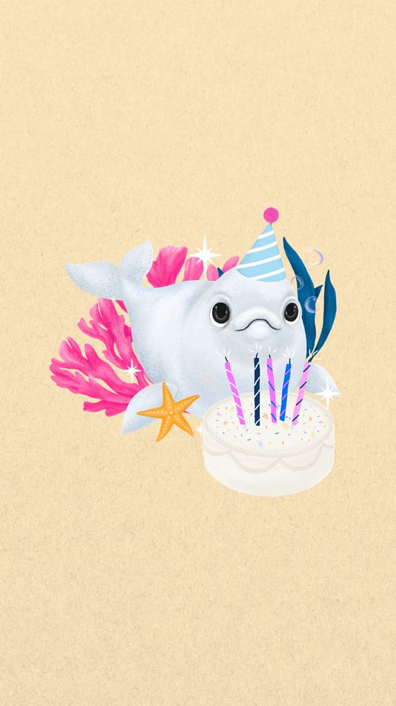 Cute birthday whale iPhone wallpaper, editable illustration background