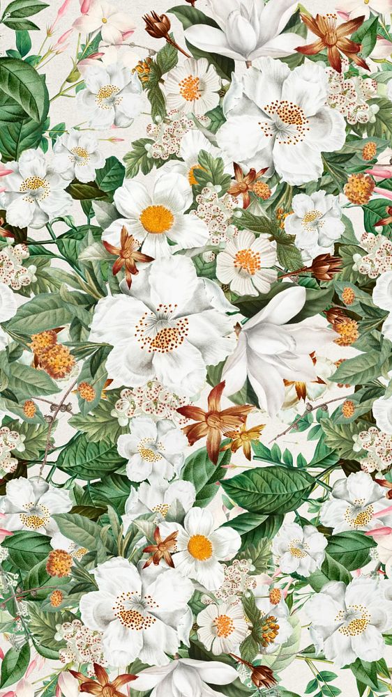 White floral pattern phone wallpaper, Spring flower background, editable design