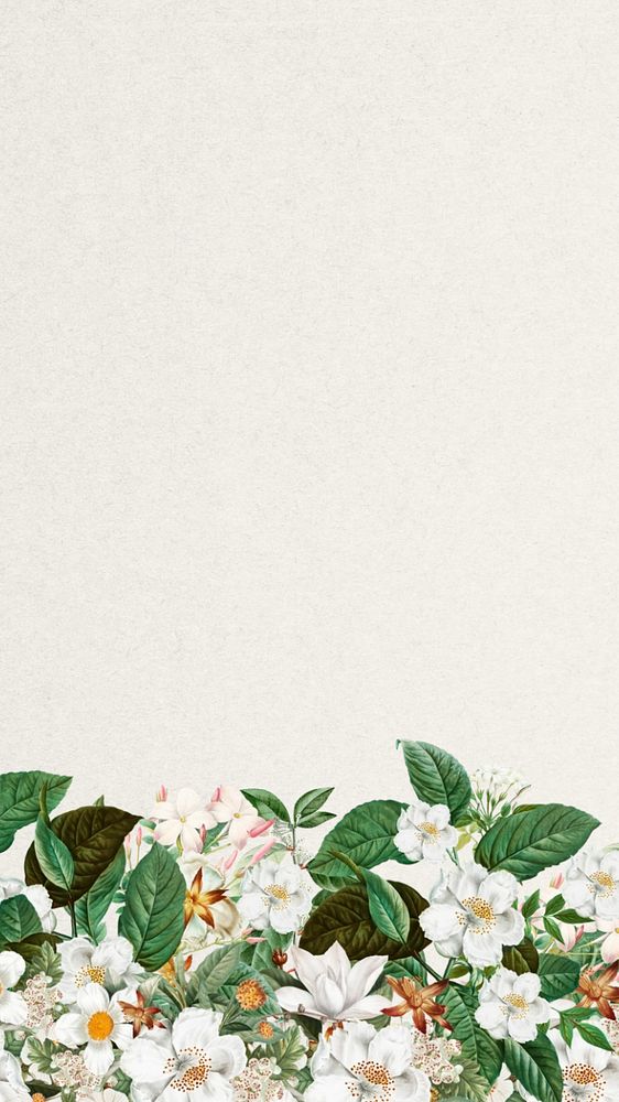 Jasmine flower border mobile wallpaper, off-white textured background, editable design