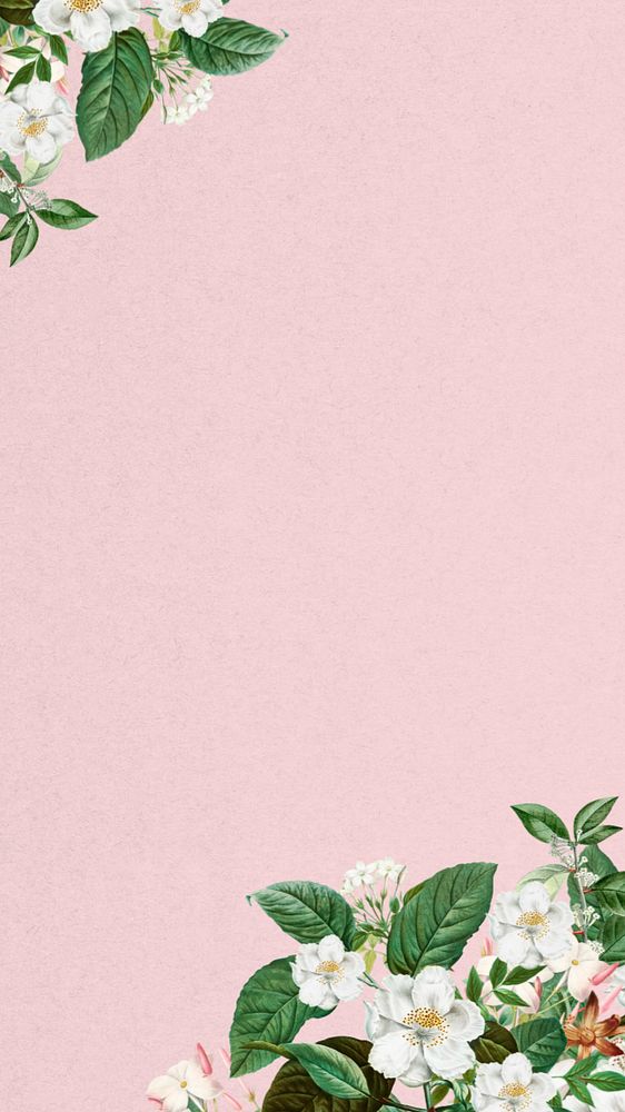 Jasmine flower border mobile wallpaper, pink textured background, editable design