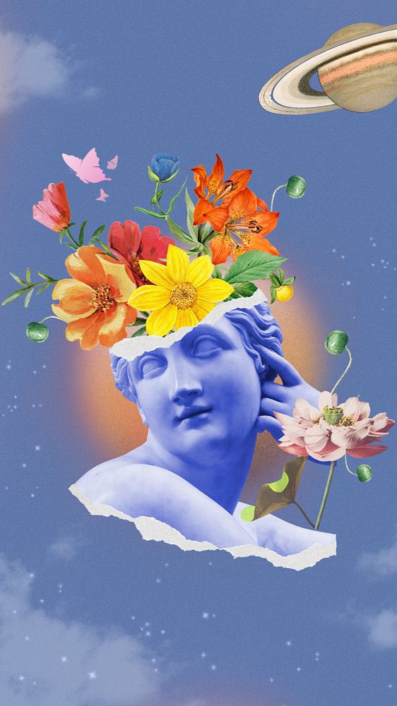 Floral statue head iPhone wallpaper, outer space background, editable design