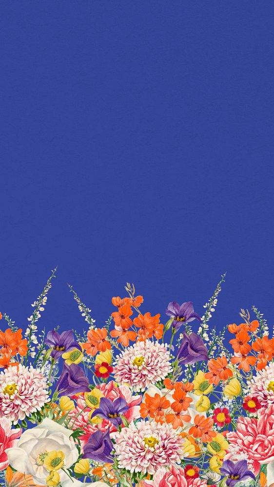 Wedding flowers border phone wallpaper, blue textured background, editable design