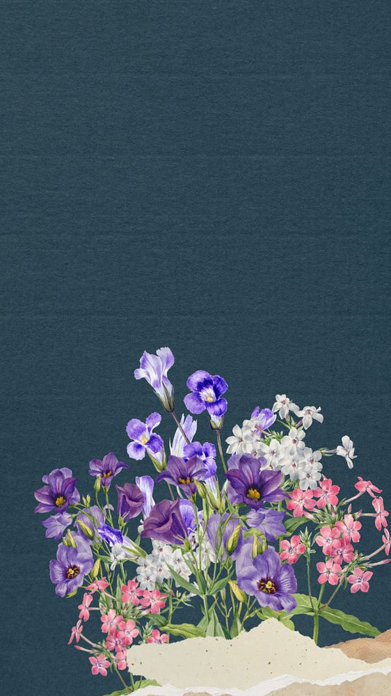 Dark bluebell flowers iPhone wallpaper, ripped paper border background, editable design