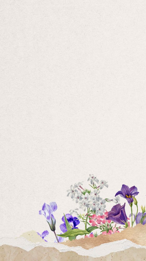 Beige aesthetic flowers iPhone wallpaper, ripped paper border background, editable design