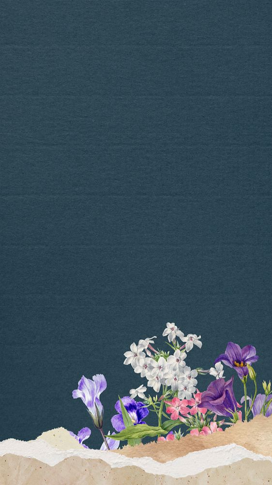 Blue aesthetic flowers iPhone wallpaper, ripped paper border background, editable design