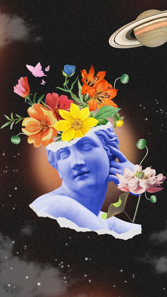 Floral statue head iPhone wallpaper, outer space background, editable design