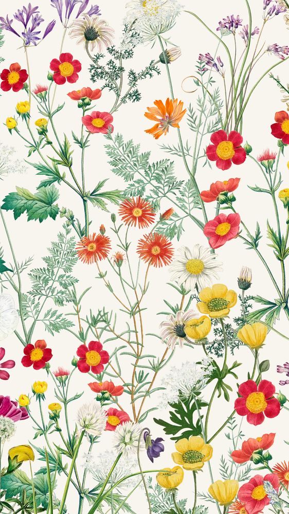 Spring flower pattern mobile wallpaper, aesthetic botanical illustration, editable design