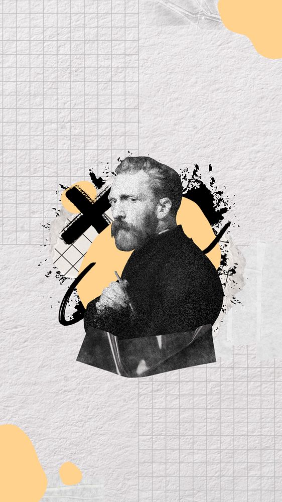 Van Gogh portrait mobile wallpaper, abstract paper collage, remixed by rawpixel, editable design