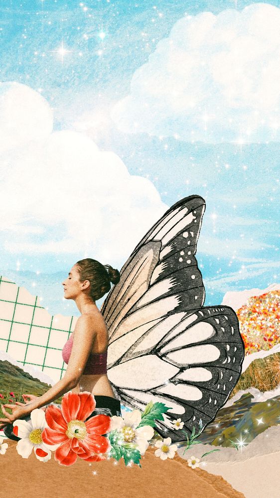 Butterfly wing woman phone wallpaper, surreal floral collage art, editable design