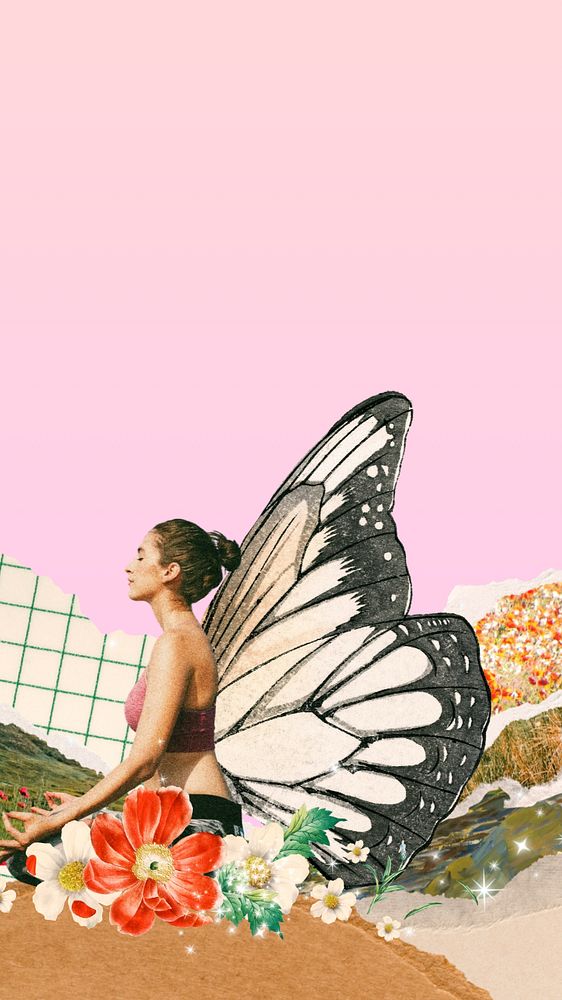 Butterfly wing woman phone wallpaper, surreal floral collage art, editable design