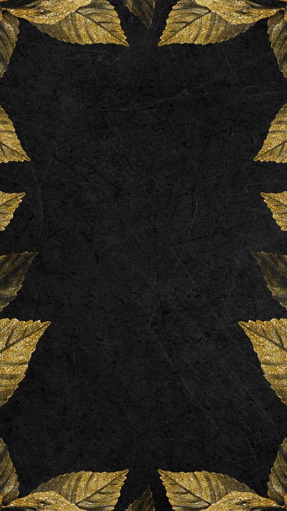 Gold leaf border iPhone wallpaper, black textured background, editable design