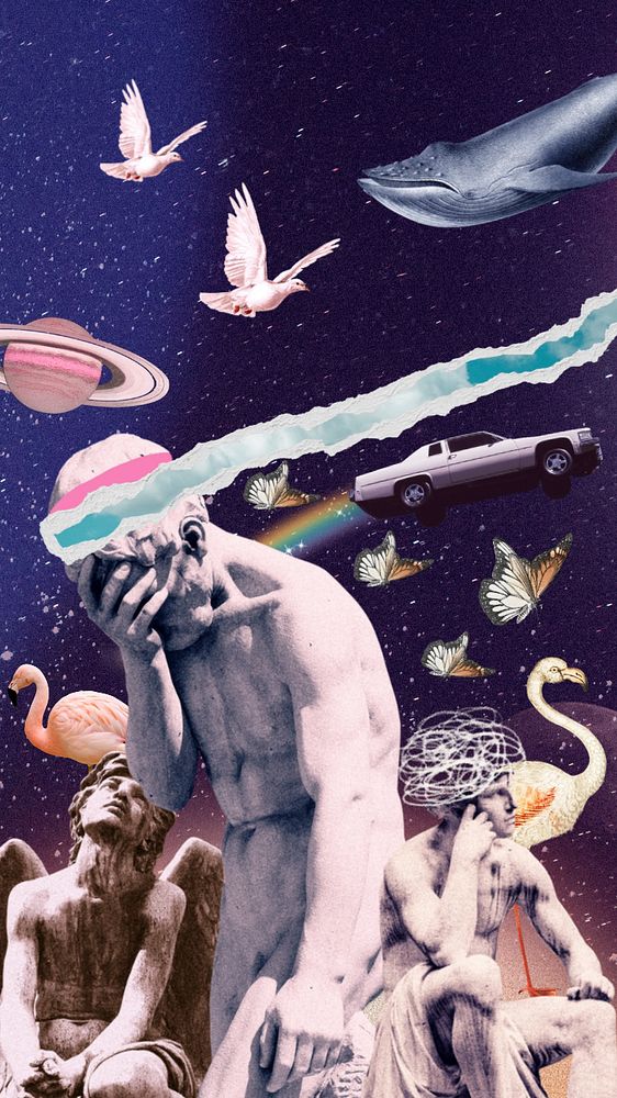 Outer space iPhone wallpaper, depression collage art background, editable design