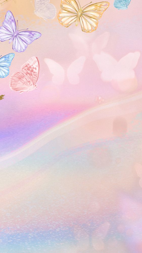 Dreamy butterfly pastel iPhone wallpaper, colorful holographic background, editable design