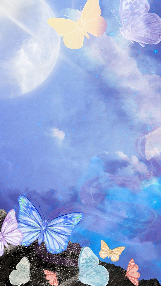 Dreamy butterfly pastel phone wallpaper, aesthetic sky background, editable design