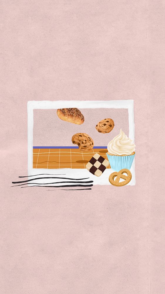 Aesthetic baking hobby mobile wallpaper, editable instant film frame collage remix design