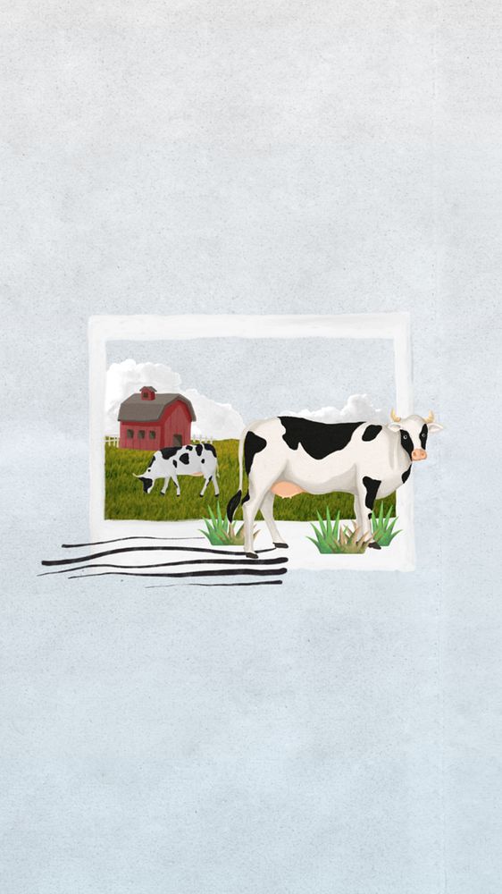 Cow natural feeding mobile wallpaper, editable farming collage remix design