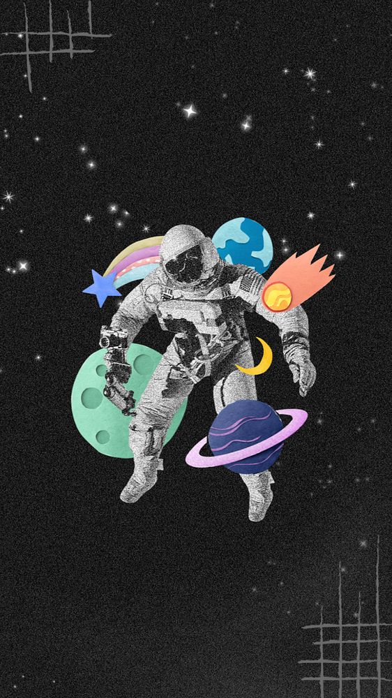 Astronaut space aesthetic iPhone wallpaper, paper collage art, editable design