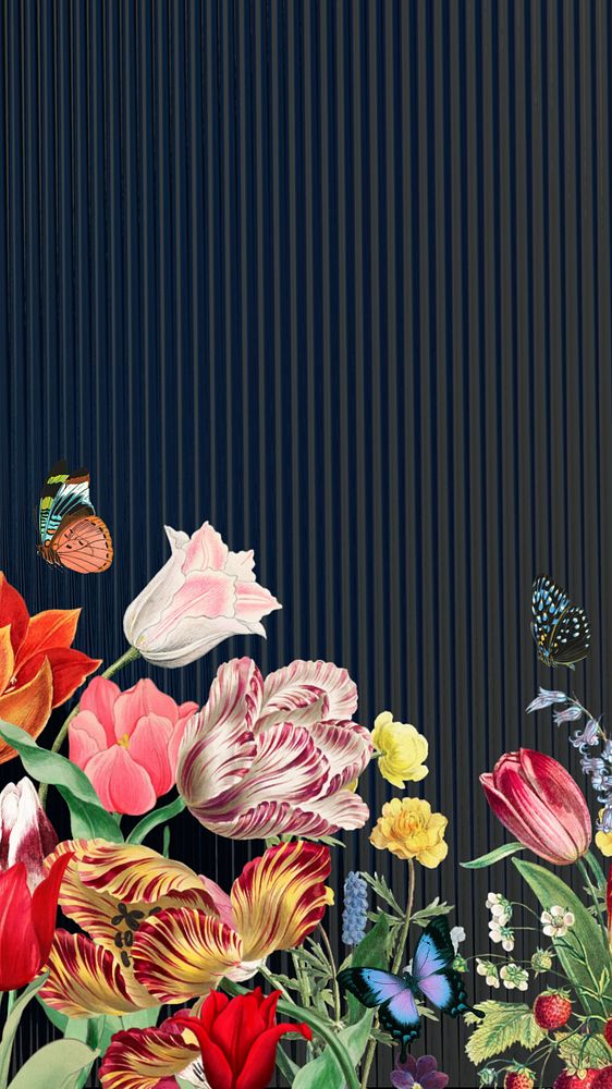 Colorful exotic flowers phone wallpaper, blue striped background, editable design