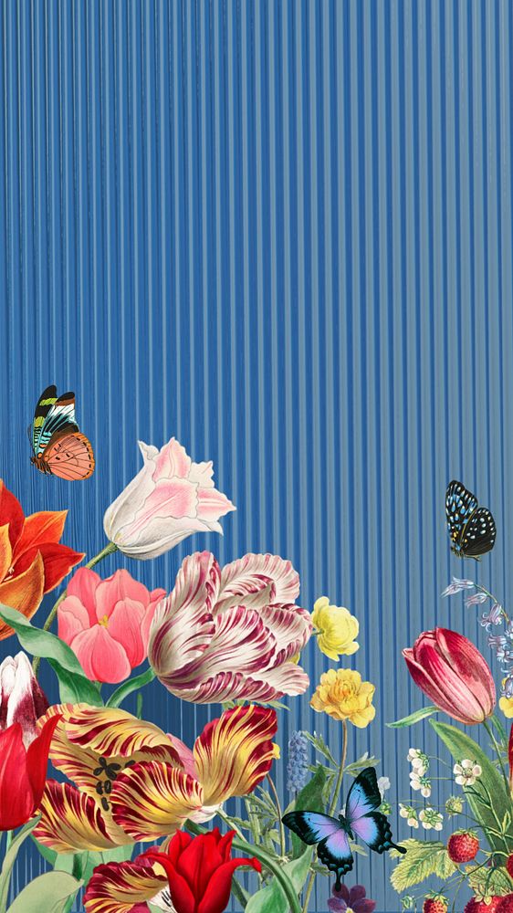 Colorful exotic flowers phone wallpaper, blue striped background, editable design