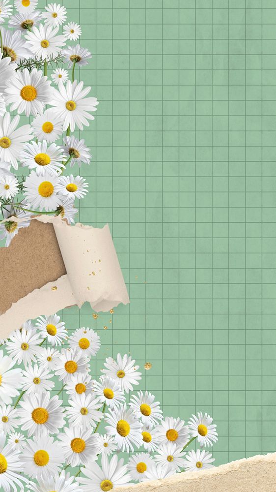 Ripped paper daisy mobile wallpaper, grid patterned background, editable design