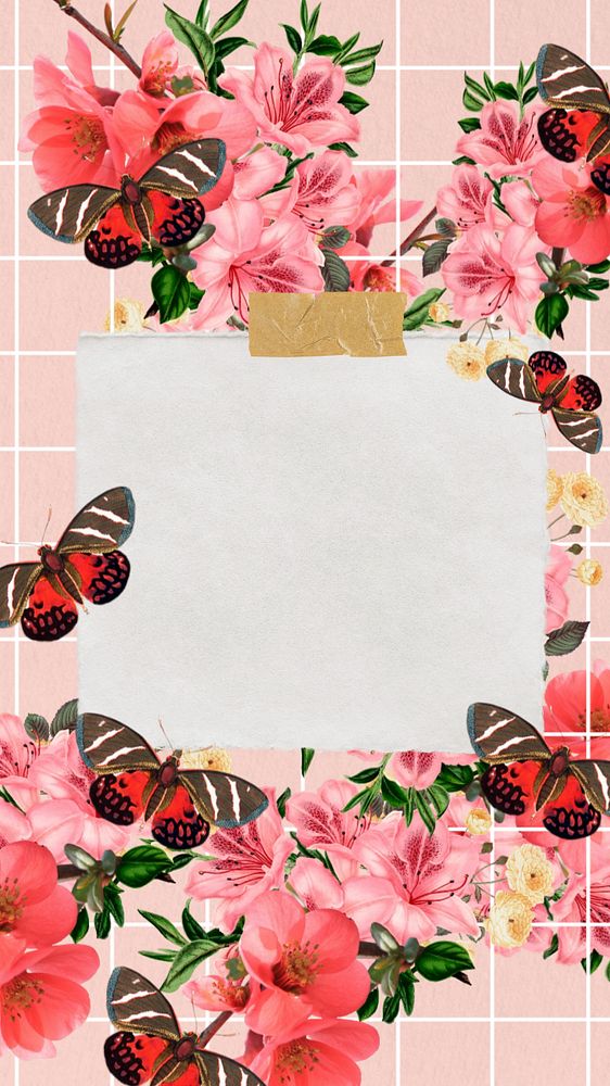 Azalea flower frame mobile wallpaper, Chinese quince & butterfly illustration, editable design