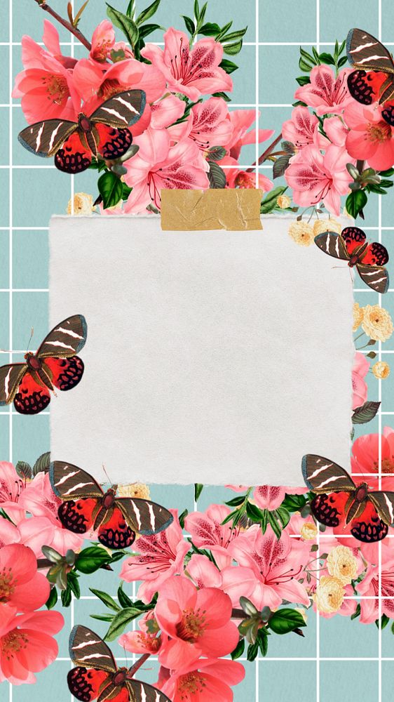 Azalea flower frame mobile wallpaper, Chinese quince & butterfly illustration, editable design