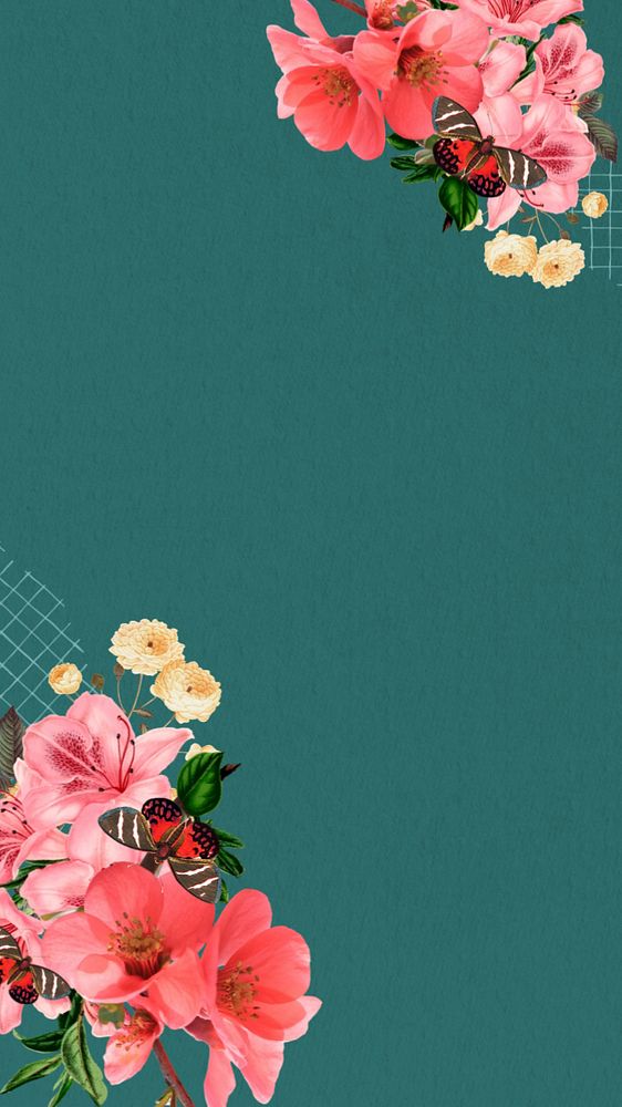 Green azalea frame mobile wallpaper, Chinese quince & butterfly border, editable design