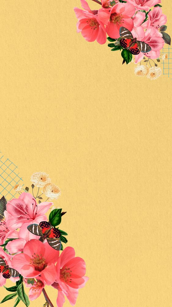 Yellow azalea frame mobile wallpaper, Chinese quince & butterfly border, editable design